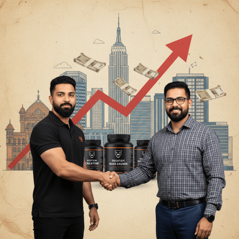 Two men shaking hands in front of a city skyline with an upward trending graph and stacks of money.