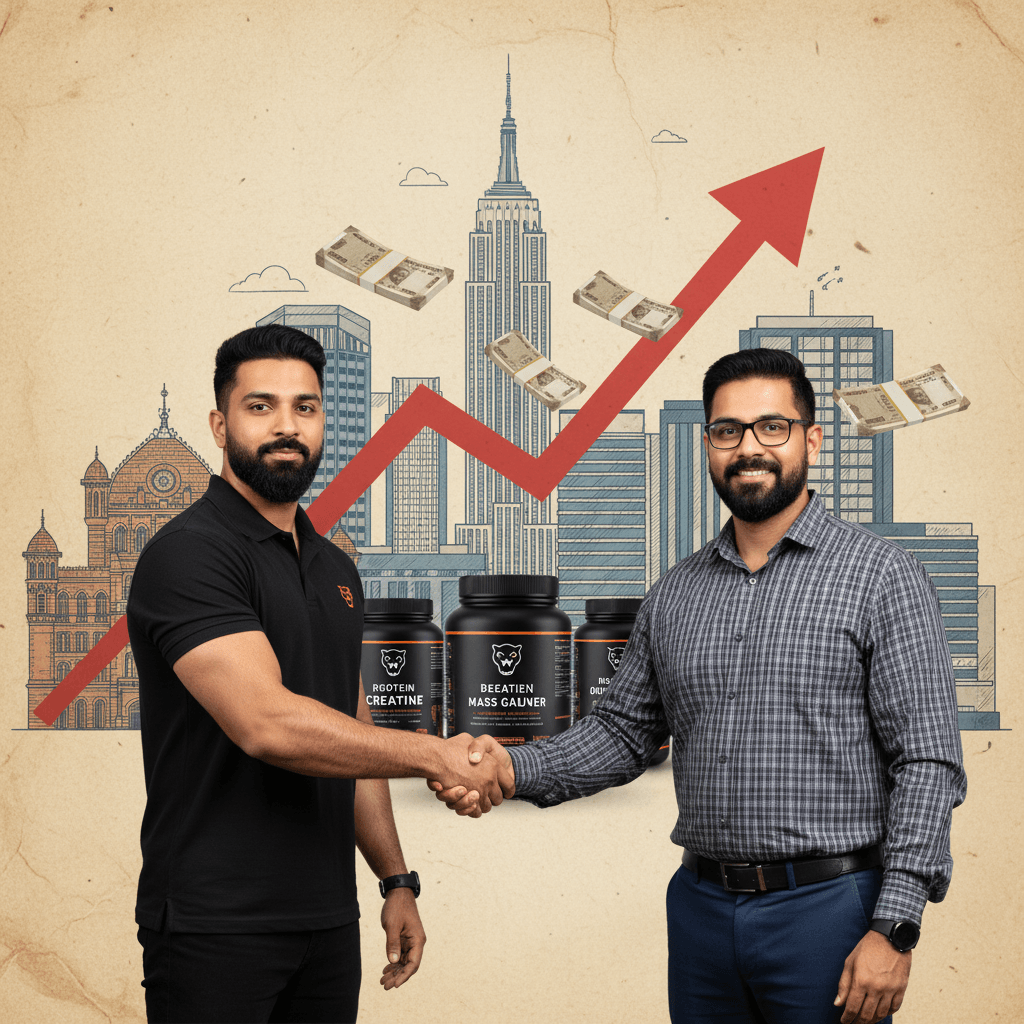 Two men shaking hands in front of a city skyline with an upward trending graph and stacks of money.