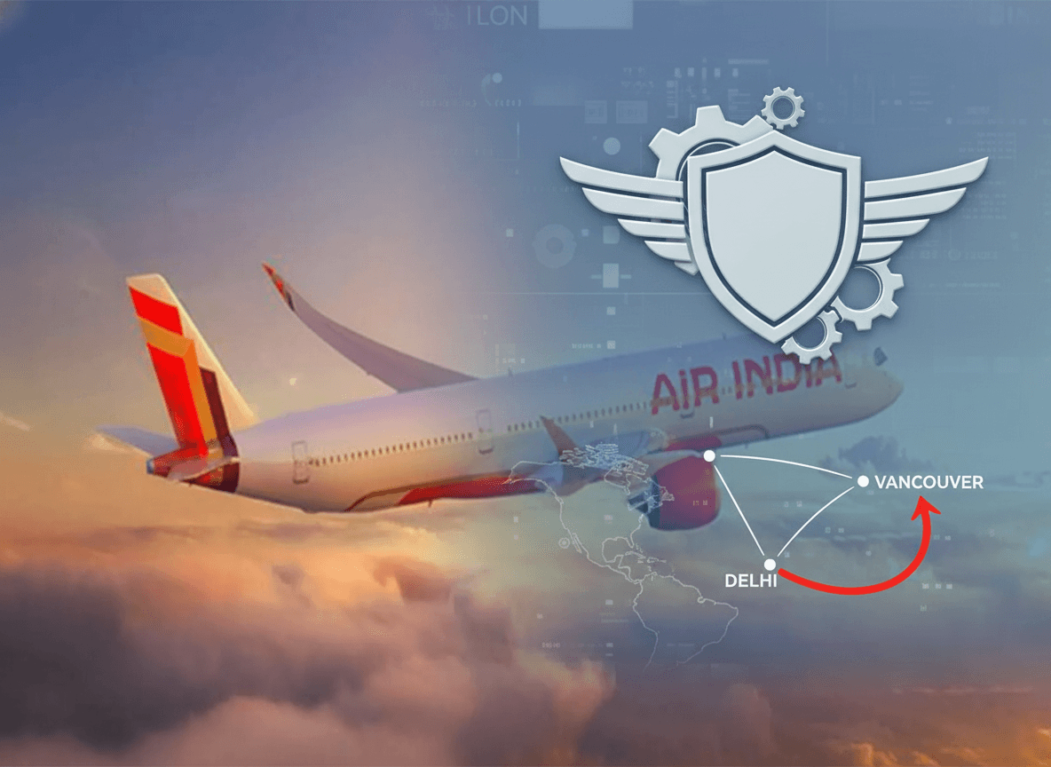 An Air India plane in the sky with a regulatory shield icon, showing a flight path from Delhi to Vancouver and back.