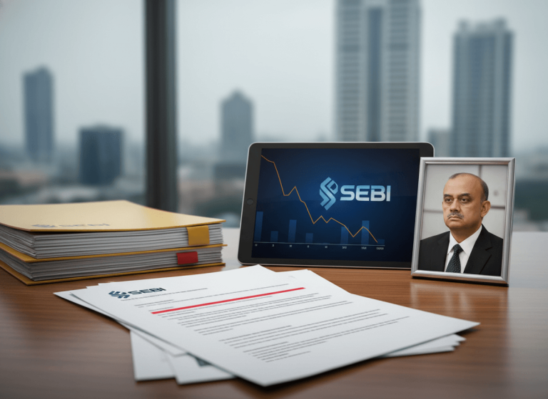 A desk with a framed photo of Atanu Chakraborty, documents, and a tablet showing a SEBI logo and a downward stock graph.