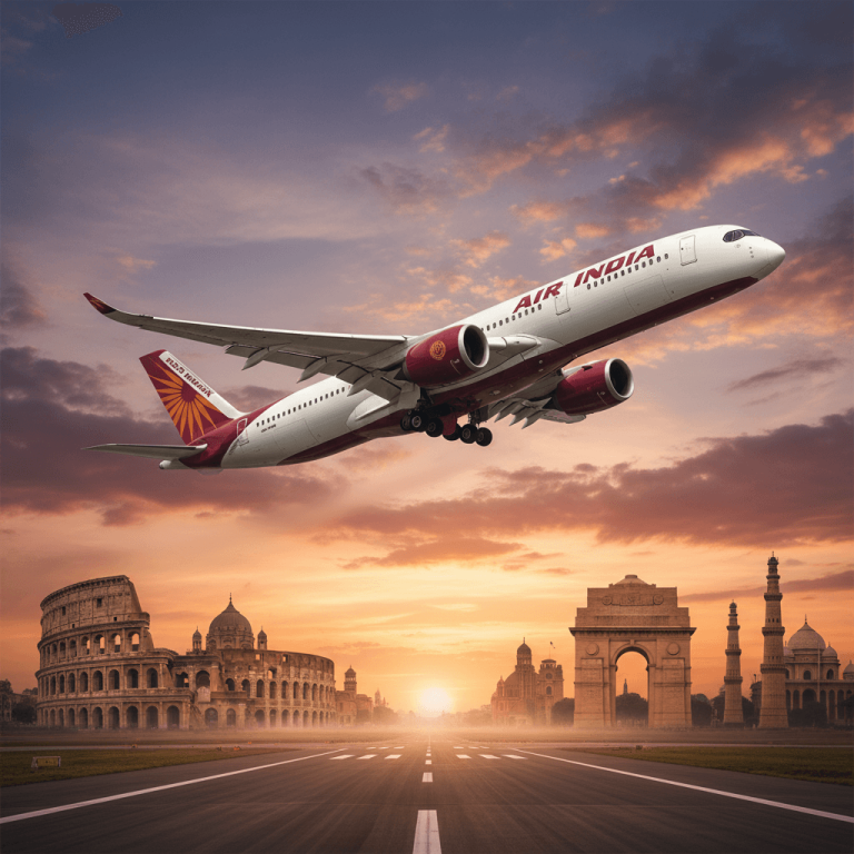 An Air India plane taking off from a runway with a composite skyline of Rome and Delhi at sunset.
