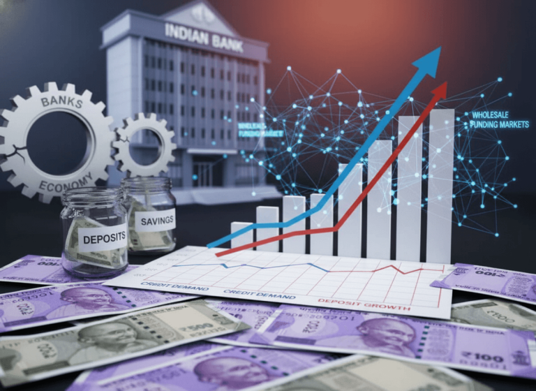 An infographic shows Indian rupee notes, a bank building, gears labeled 'Banks' and 'Economy', and charts.