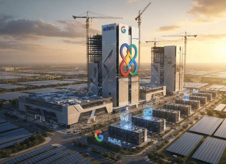 An expansive, modern data center complex with sleek buildings under construction, featuring logos for Adani, Google, and Meta.