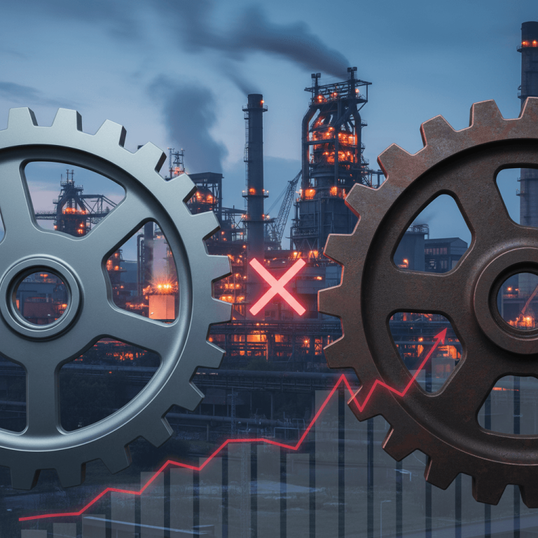 Two large gears, one metallic and one rusty, facing each other with a red 'X' between them, superimposed over a steel mill.
