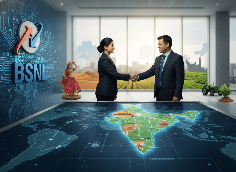 Two professionals shaking hands over a holographic map of India, symbolizing a major deal for rural broadband expansion.