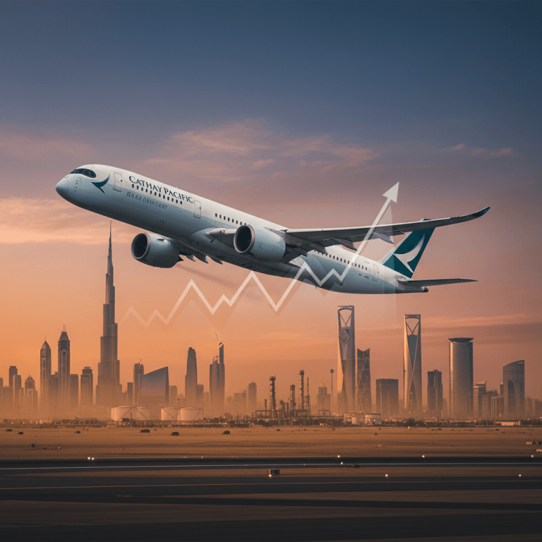 A modern Cathay Pacific airplane ascends over a futuristic cityscape resembling Dubai, with oil refineries and a rising graph.