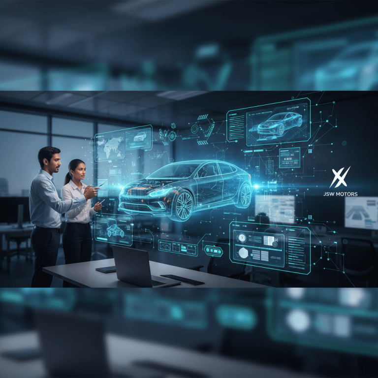 Two professionals interacting with a holographic projection of an electric vehicle and data interfaces in a modern office.