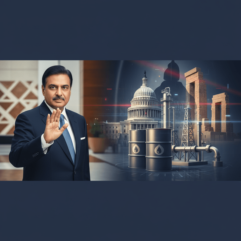 A man in a suit with his hand raised, signifying denial, against a backdrop of oil barrels, a refinery, and government buildings.