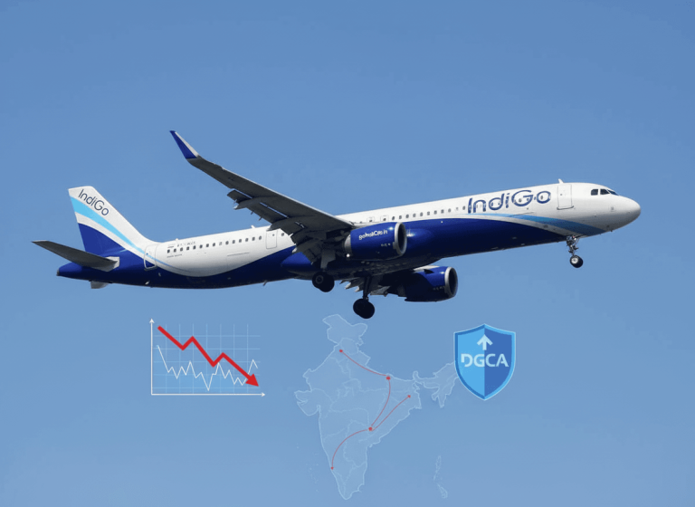 An airplane flying against a clear blue sky, with a downward trending graph and a shield icon with "DGCA" on it.