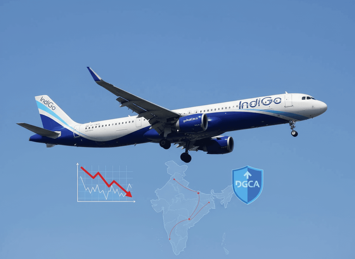 An airplane flying against a clear blue sky, with a downward trending graph and a shield icon with "DGCA" on it.