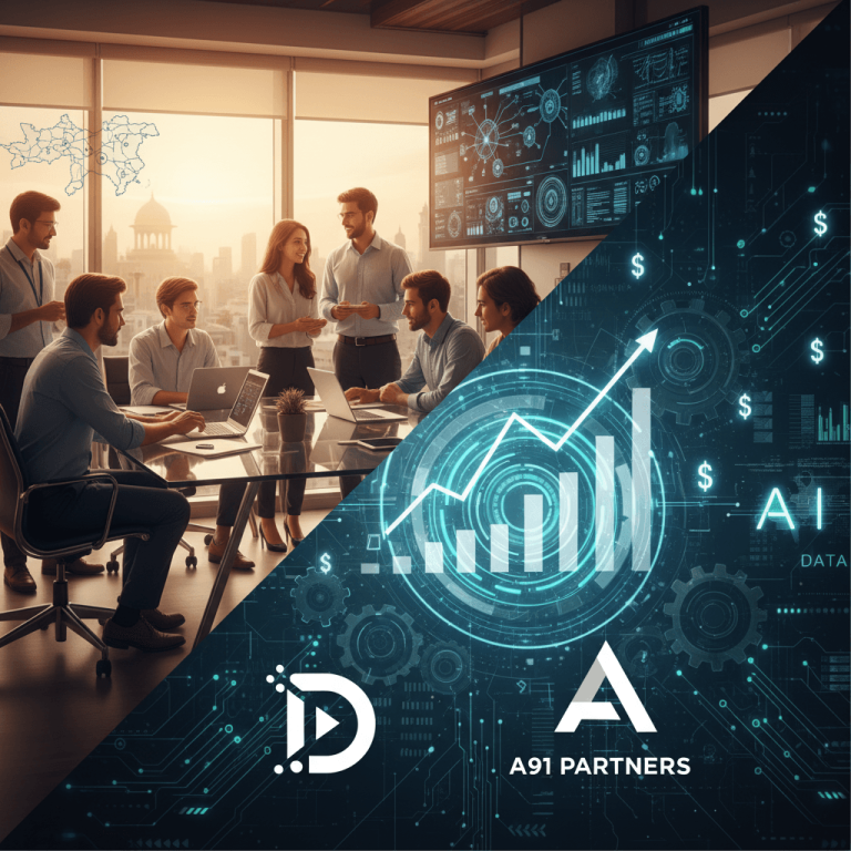 A professional image showing a diverse team collaborating in a modern office, overlaid with AI and financial graphics.