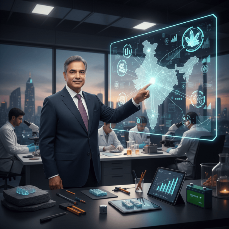A man in a suit, presumed to be Jitendra Singh, points to a holographic map of India in a modern lab.
