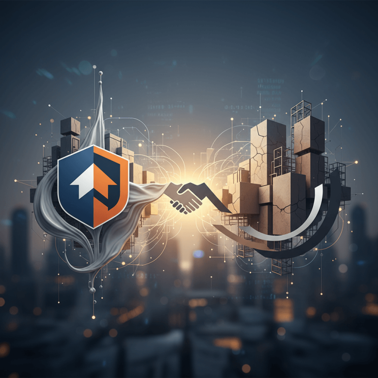 An abstract visual representing a business deal, with two distinct corporate symbols shaking hands over a cityscape.