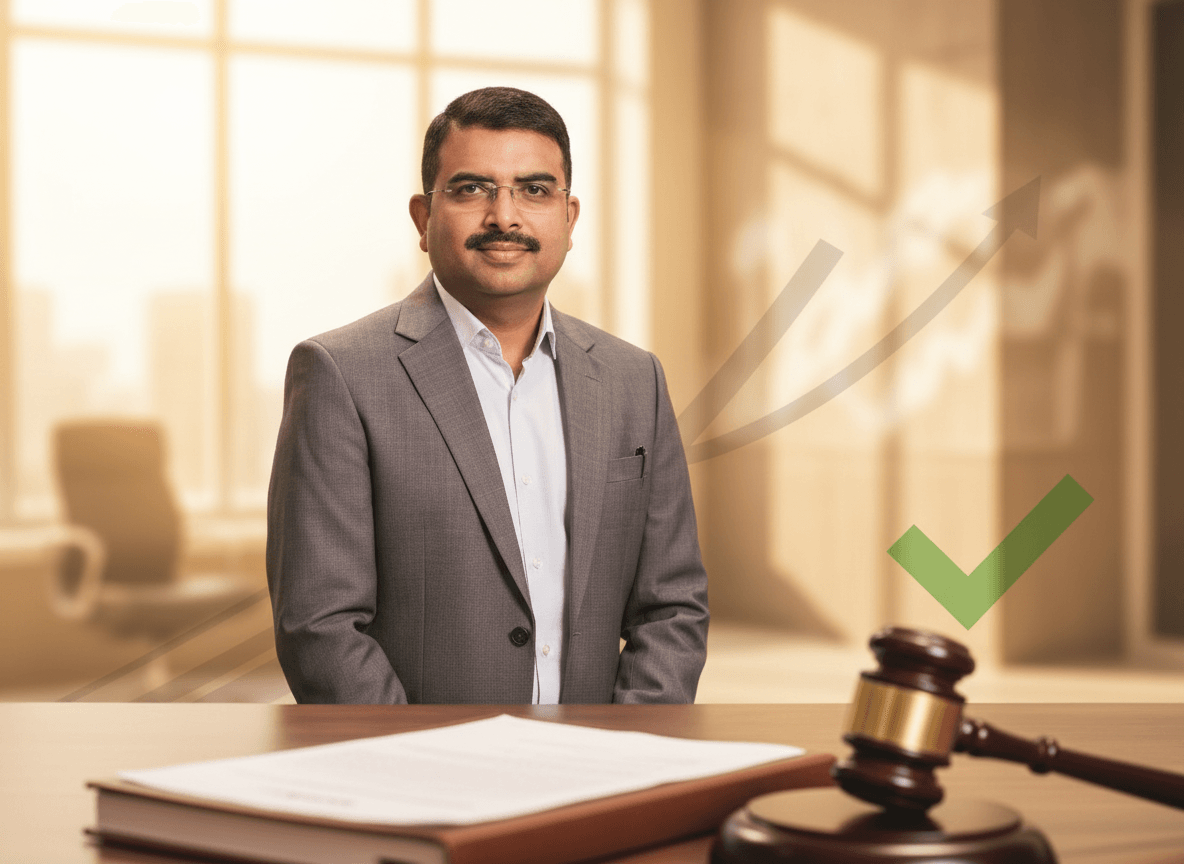 A man in a suit standing in an office, with a gavel and legal documents on a table in the foreground.