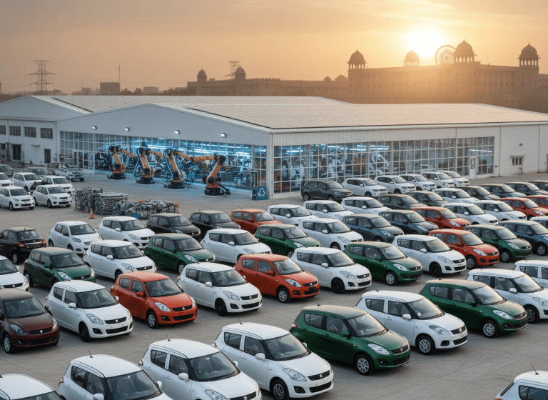 Rows of new cars outside a modern Indian factory with solar panels, industrial robots visible inside, and a government building in the background at sunset.