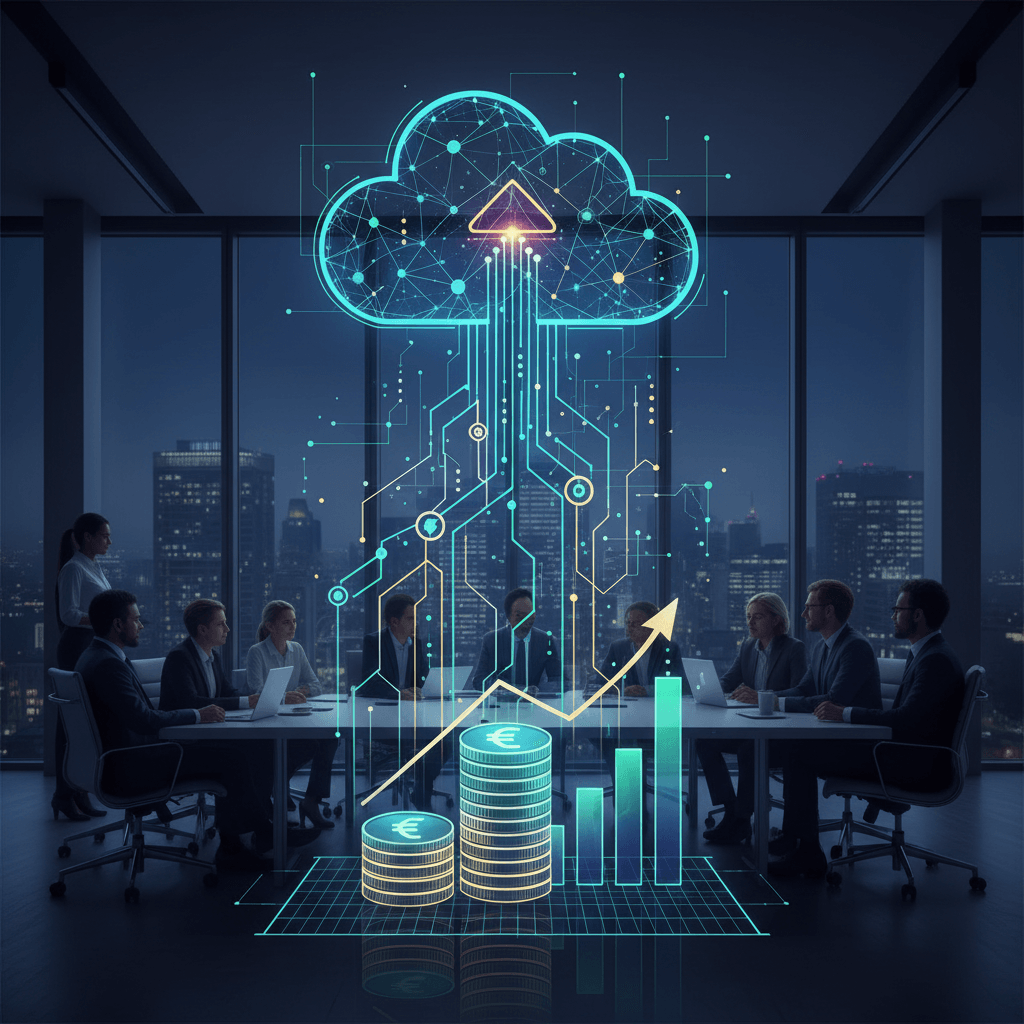 A professional meeting in a modern office with a cityscape background at dusk, overlayed with cloud technology and financial growth graphics.