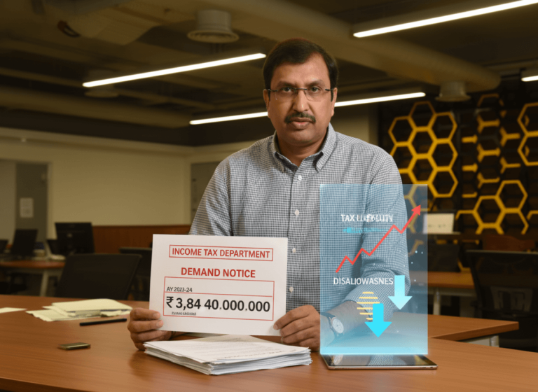 A man holding a large 'Income Tax Department Demand Notice' paper with holographic tax liability visuals.