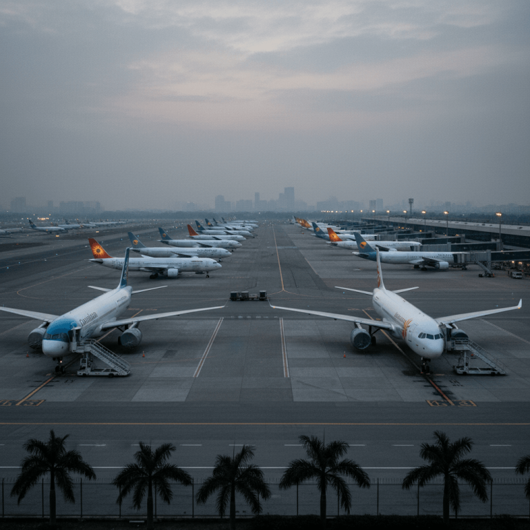 An aerial view of numerous passenger airplanes parked on an airport tarmac at dawn under a cloudy sky.