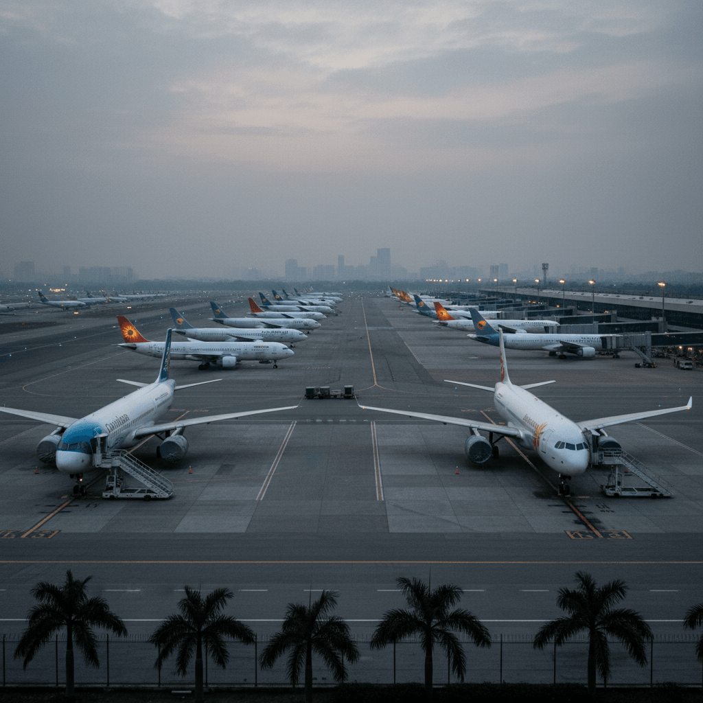 An aerial view of numerous passenger airplanes parked on an airport tarmac at dawn under a cloudy sky.