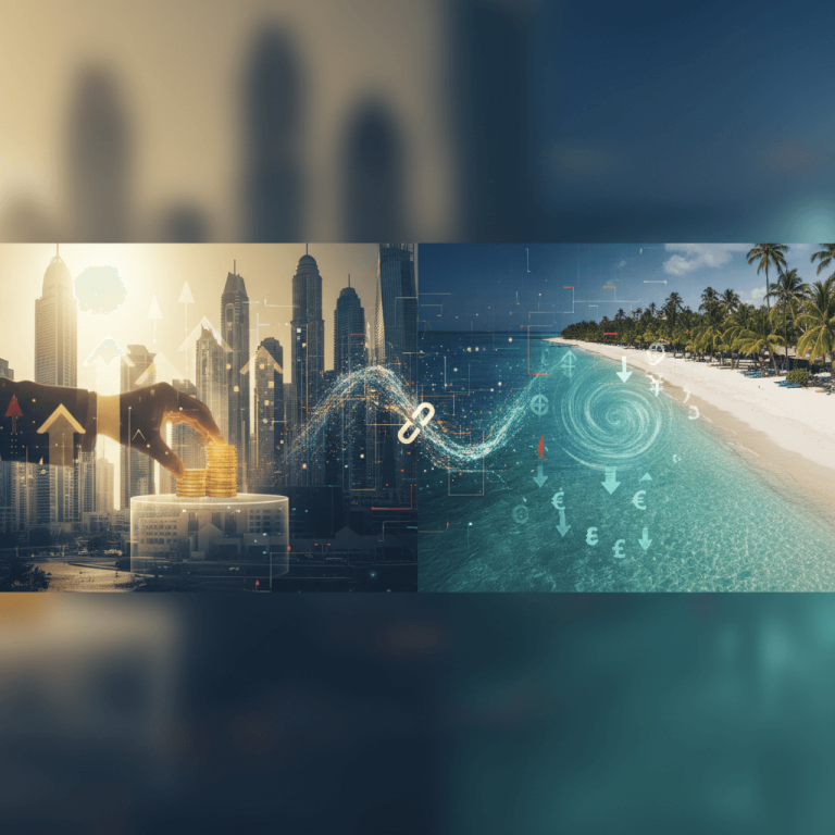 A professional image blending Dubai's skyline with a Mauritius beach, showing hands stacking coins.