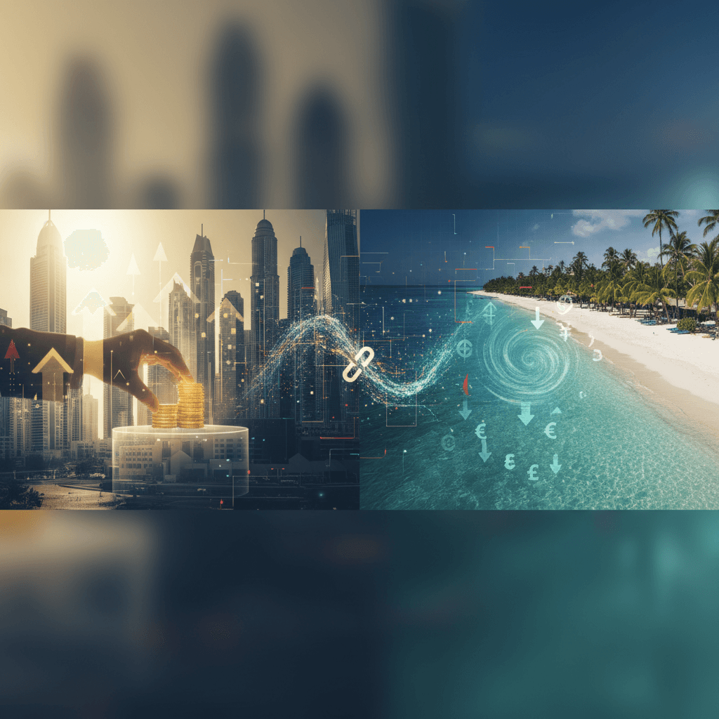 A professional image blending Dubai's skyline with a Mauritius beach, showing hands stacking coins.