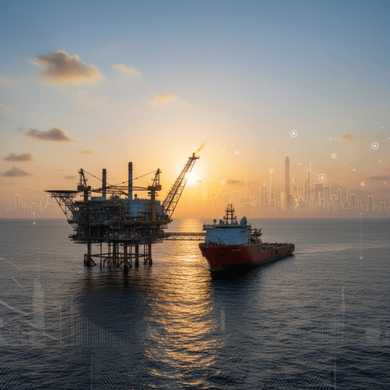 An offshore oil and gas platform with a support vessel at sunset, featuring a glowing city skyline overlay.