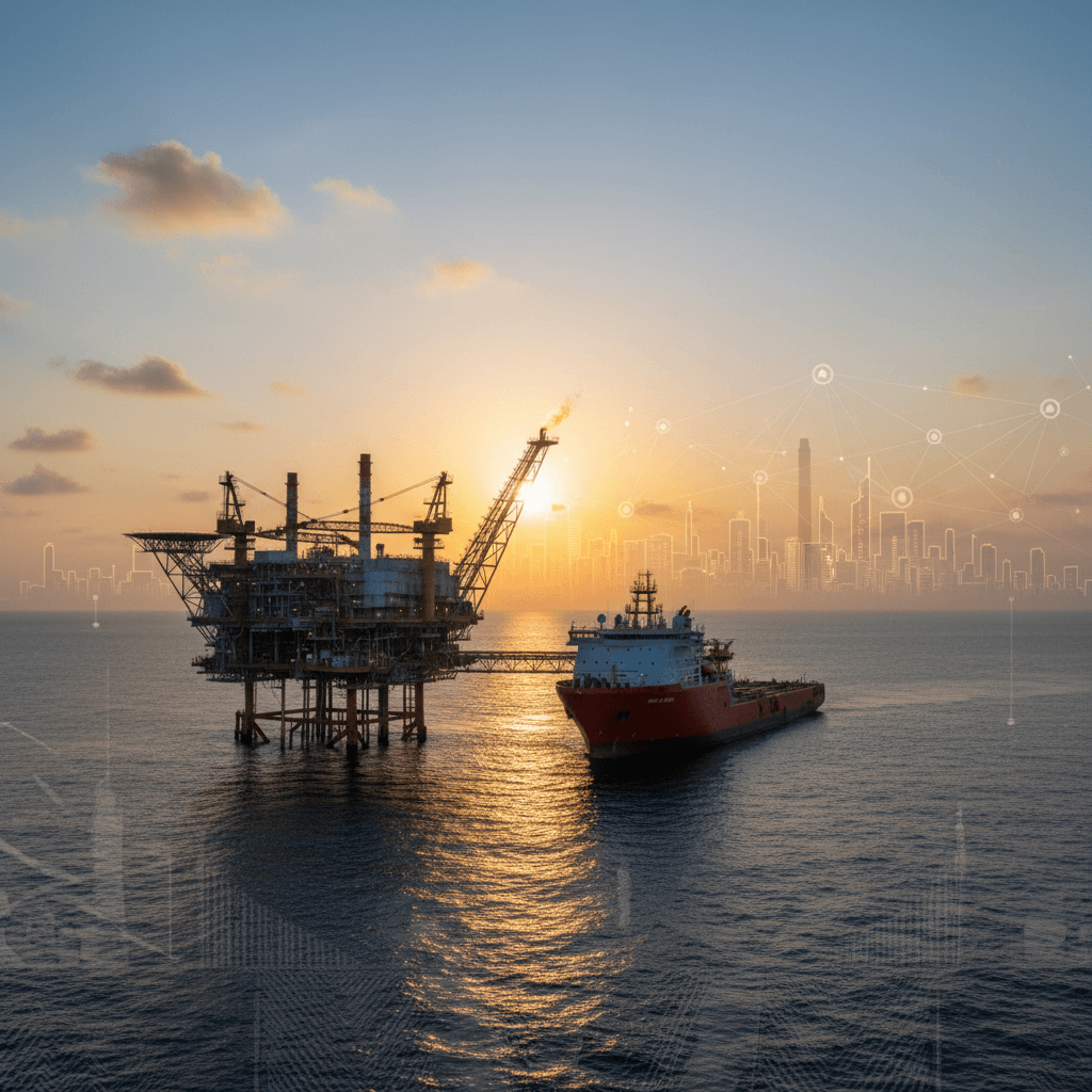 An offshore oil and gas platform with a support vessel at sunset, featuring a glowing city skyline overlay.