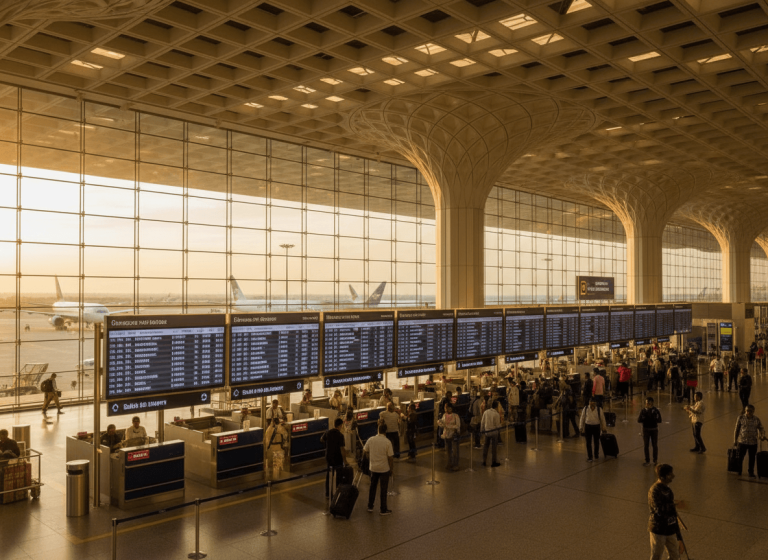 A busy airport terminal with large windows, people at check-in counters, and airplanes visible outside at sunset.
