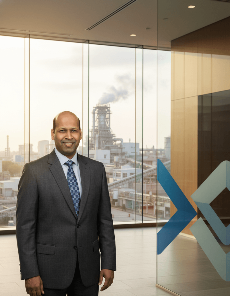 A professional image of Amit Harlalka, a man in a suit, smiling with an industrial facility in the background.