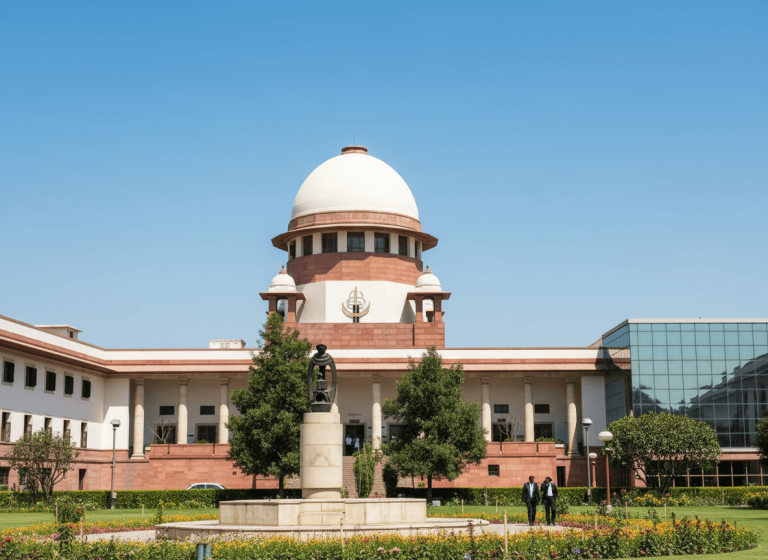 A wide shot of the Supreme Court of India building with its white dome against a clear blue sky, surrounded by gardens.