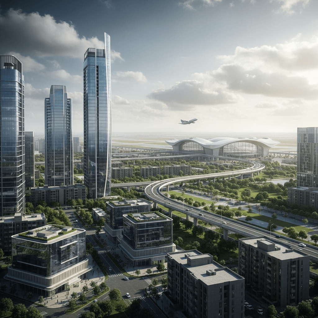 An aerial view of a bustling city with tall buildings, a highway, and a modern airport with a plane taking off.