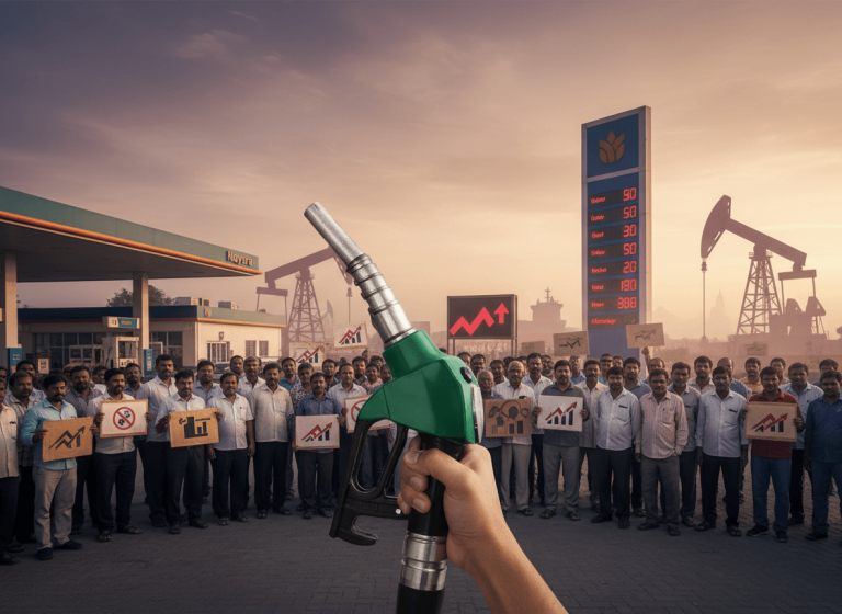 A hand holds a fuel nozzle in the foreground, with protesting fuel dealers and oil derricks in the background.