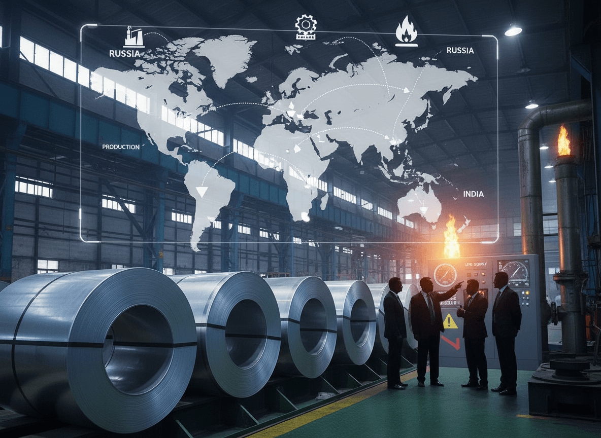 A group of business professionals in suits discuss a world map overlaying a steel factory, highlighting supply routes and energy.