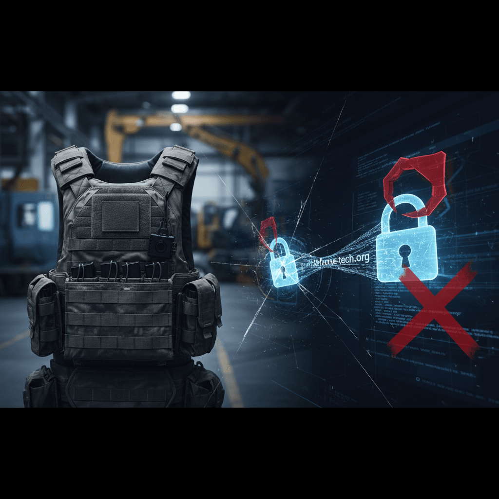 A tactical vest in a factory, with a cracked screen overlay showing digital locks and a "no" symbol.