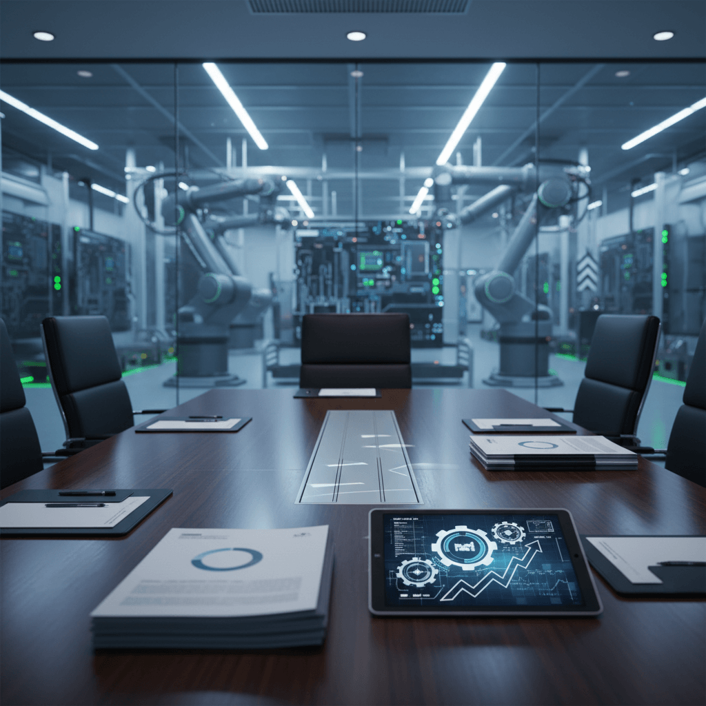 A professional boardroom table with documents and a tablet displaying data, overlooking an electronics manufacturing facility.