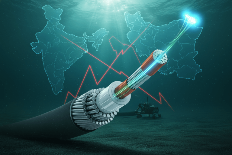 An underwater scene depicting a cross-section of a glowing subsea fiber optic cable, with outlines of India and Iran in the background.