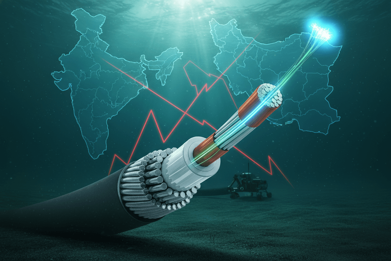 An underwater scene depicting a cross-section of a glowing subsea fiber optic cable, with outlines of India and Iran in the background.
