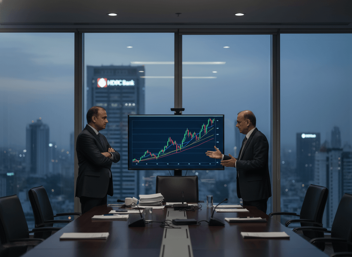 Two men in suits debate in a modern boardroom with a city skyline at dusk and a stock chart on screen.