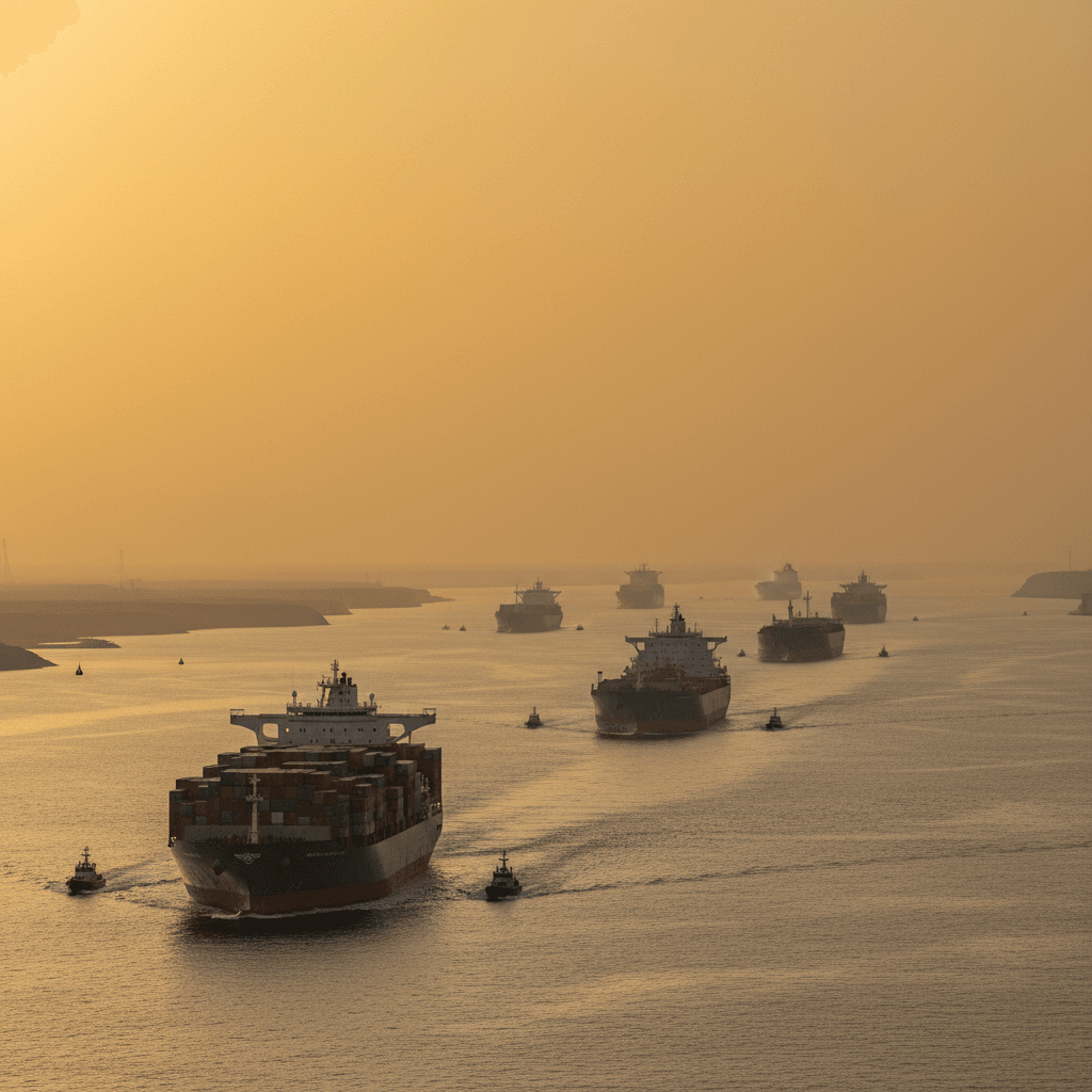 Large cargo and oil tankers traverse a busy waterway at sunset, with a hazy, warm sky.