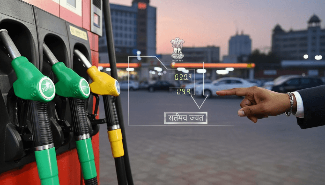 A hand points to a digital display showing fuel price changes, with gas pumps and an Indian government emblem in the background.