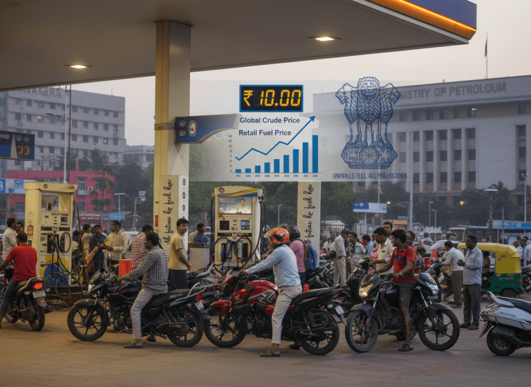 A busy Indian petrol station with many motorcycles, a large chart showing rising fuel prices, and a government building in the background.