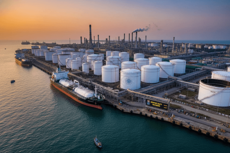 Aerial view of a large Indian oil refinery and port at sunset, with storage tanks and a tanker ship.