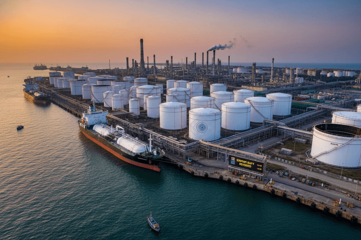 Aerial view of a large Indian oil refinery and port at sunset, with storage tanks and a tanker ship.