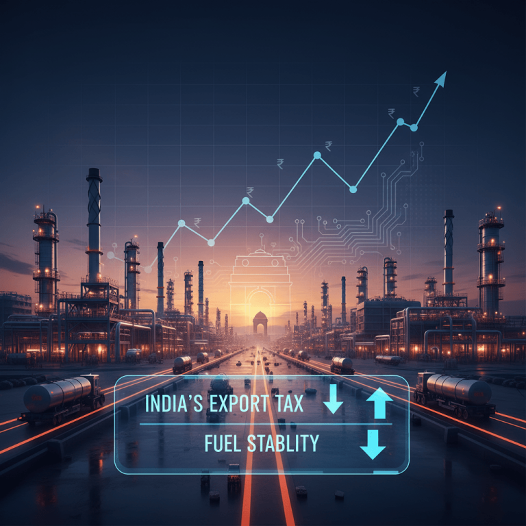 An evening scene showing a refinery complex with the India Gate in the background and a rising graph representing exports.