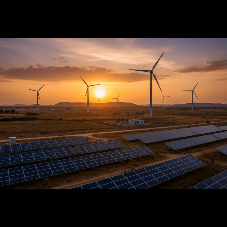 An aerial view of a hybrid solar and wind power project in a rural landscape during a vibrant sunset.