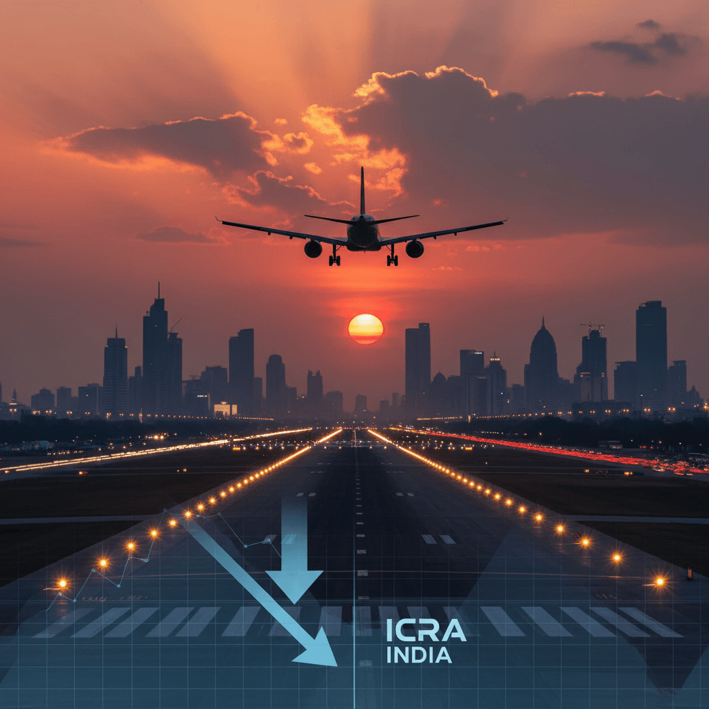 An airplane descends towards a runway at sunset, with a downward trend graph overlaid, representing India's aviation outlook.
