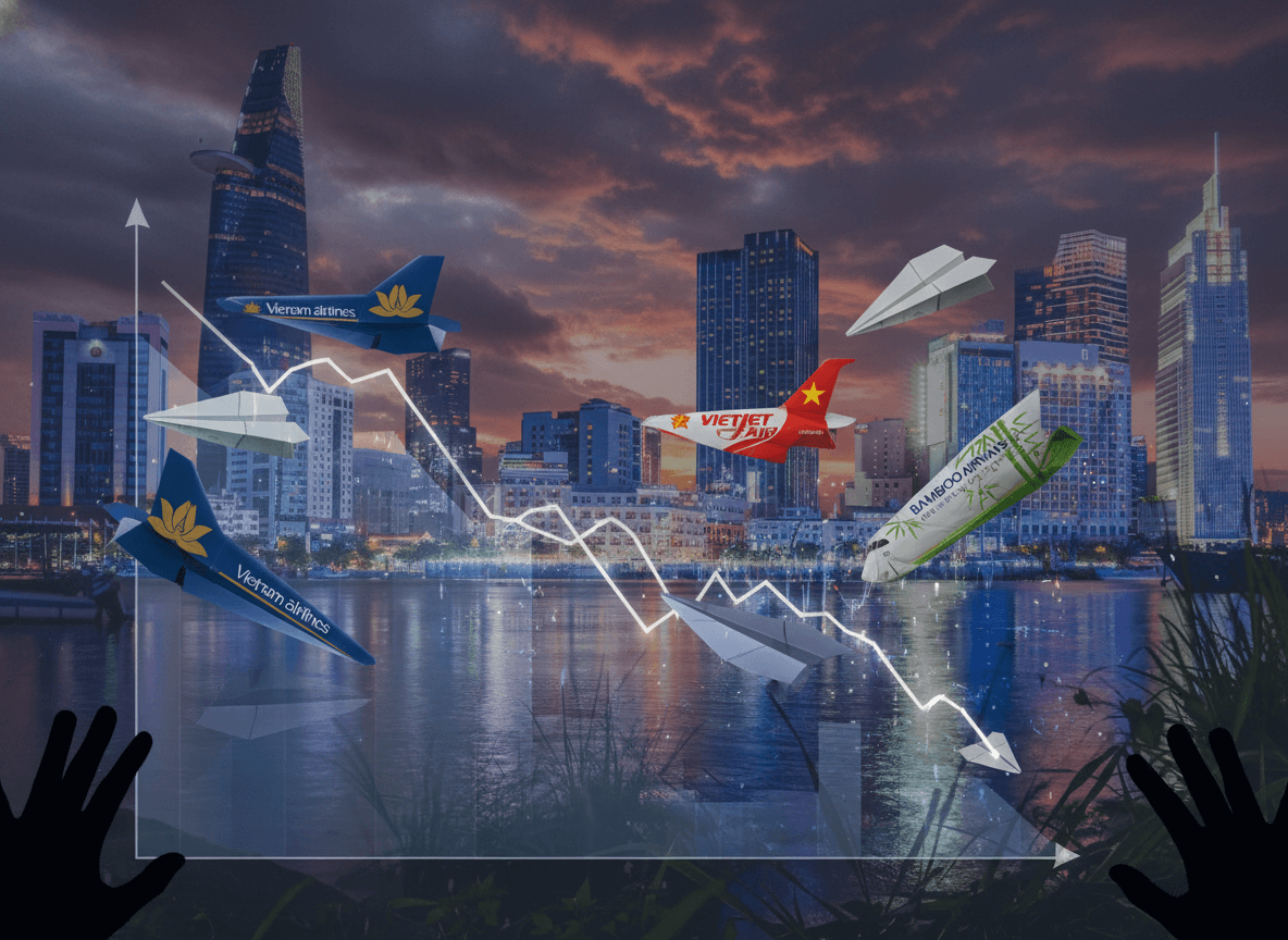 A conceptual image showing airplanes and paper planes flying over a city skyline at dusk, with a downward trend line.