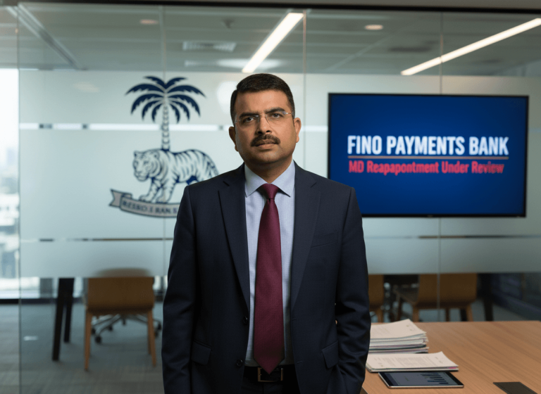 Rishi Gupta, in a suit, stands in an office with "Fino Payments Bank: MD Reappointment Under Review" on a screen.