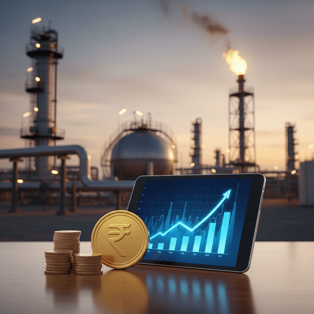 A tablet displaying a rising stock chart with Indian Rupee coins in front of an oil refinery at sunset.