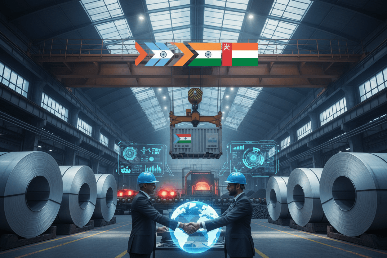 Two businessmen shake hands over a holographic globe in a steel factory, symbolizing international deals for raw materials.